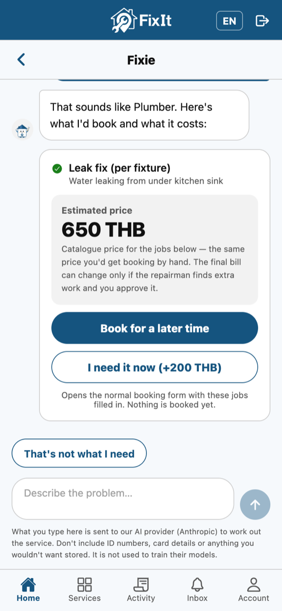 A conversation with Fixie, showing the suggested job, the estimated price, and buttons to book now or for a later time