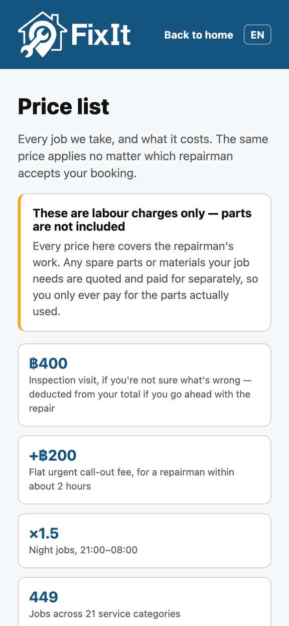 A list of plumbing jobs with prices next to each one
