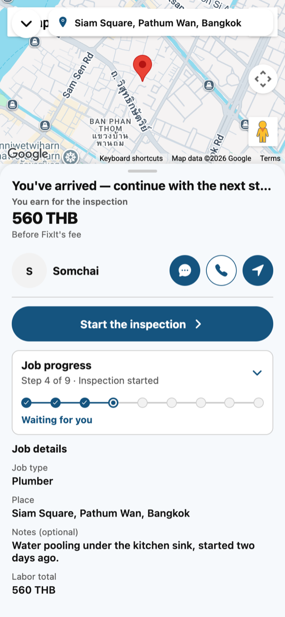 The job screen after arriving, showing the Start the inspection button, the job progress ladder and the job details