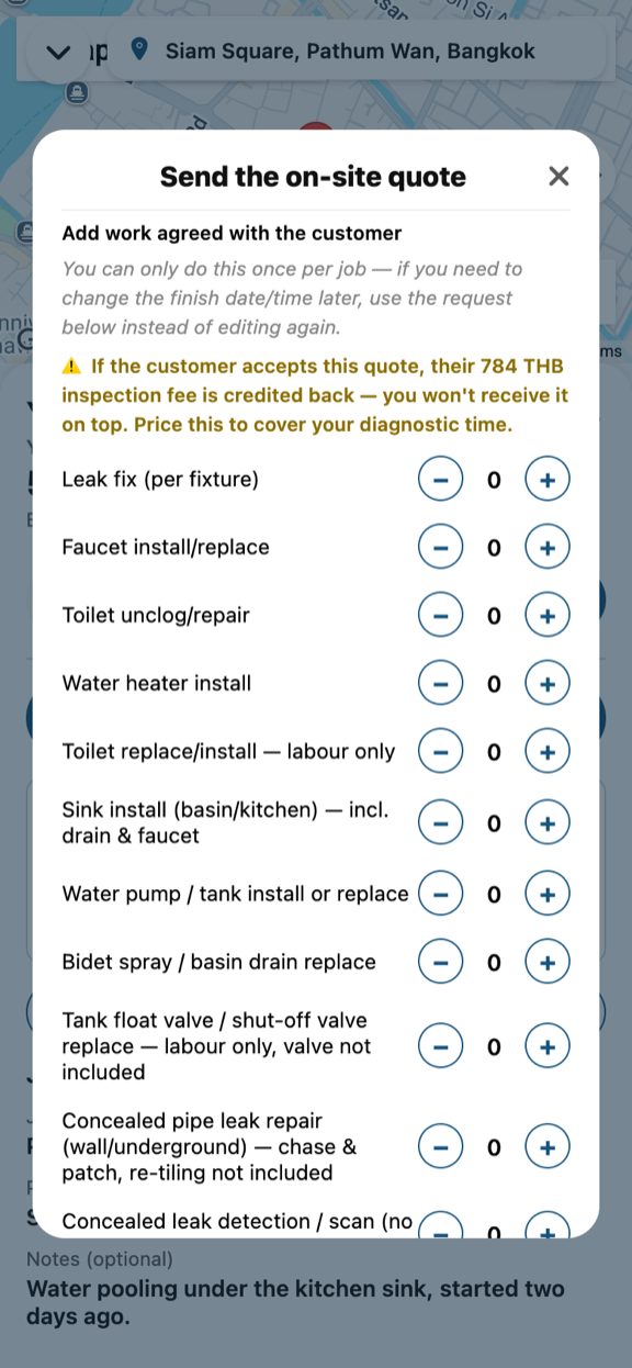 The quote form warning that the inspection fee will be credited back to the customer