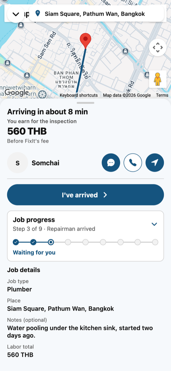 The live map view a repairman sees while travelling to a customer