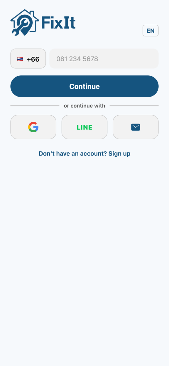 The FixIt sign-in screen, showing phone number entry and Google, LINE and email options